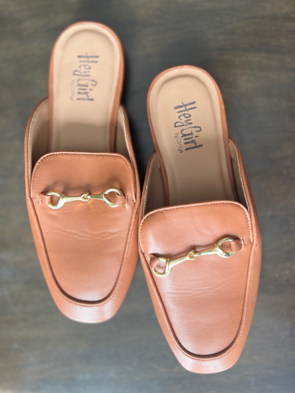 Corkys Tan Slip-On Mules with Gold Horse Bit Sz 8